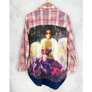 Aratta Silent Journey Plaid Satin Portrait Back Button Down Shirt Size Large